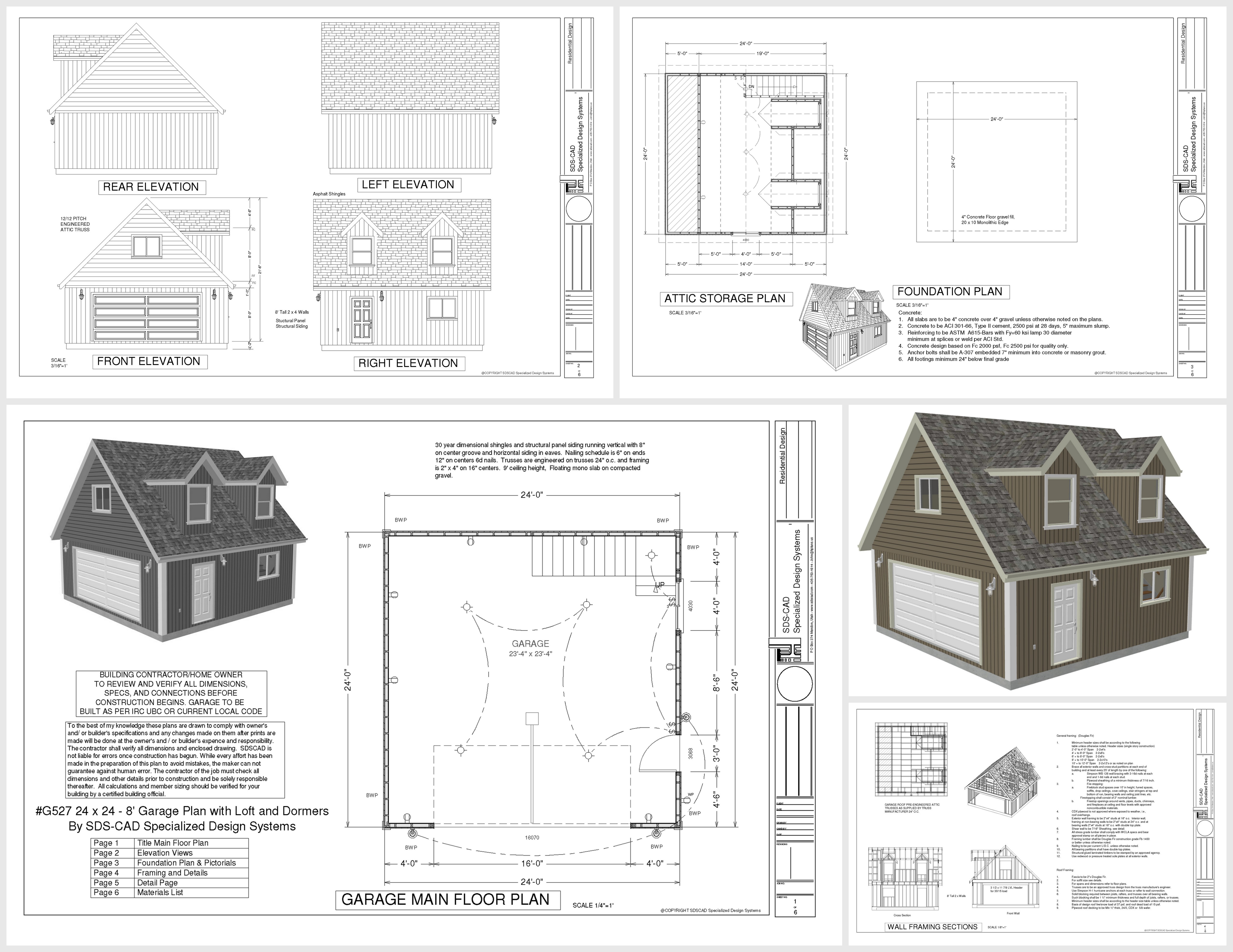 G527 24 x 24 x 8 Garage Plans with Loft and Dormers DWG and PDF 