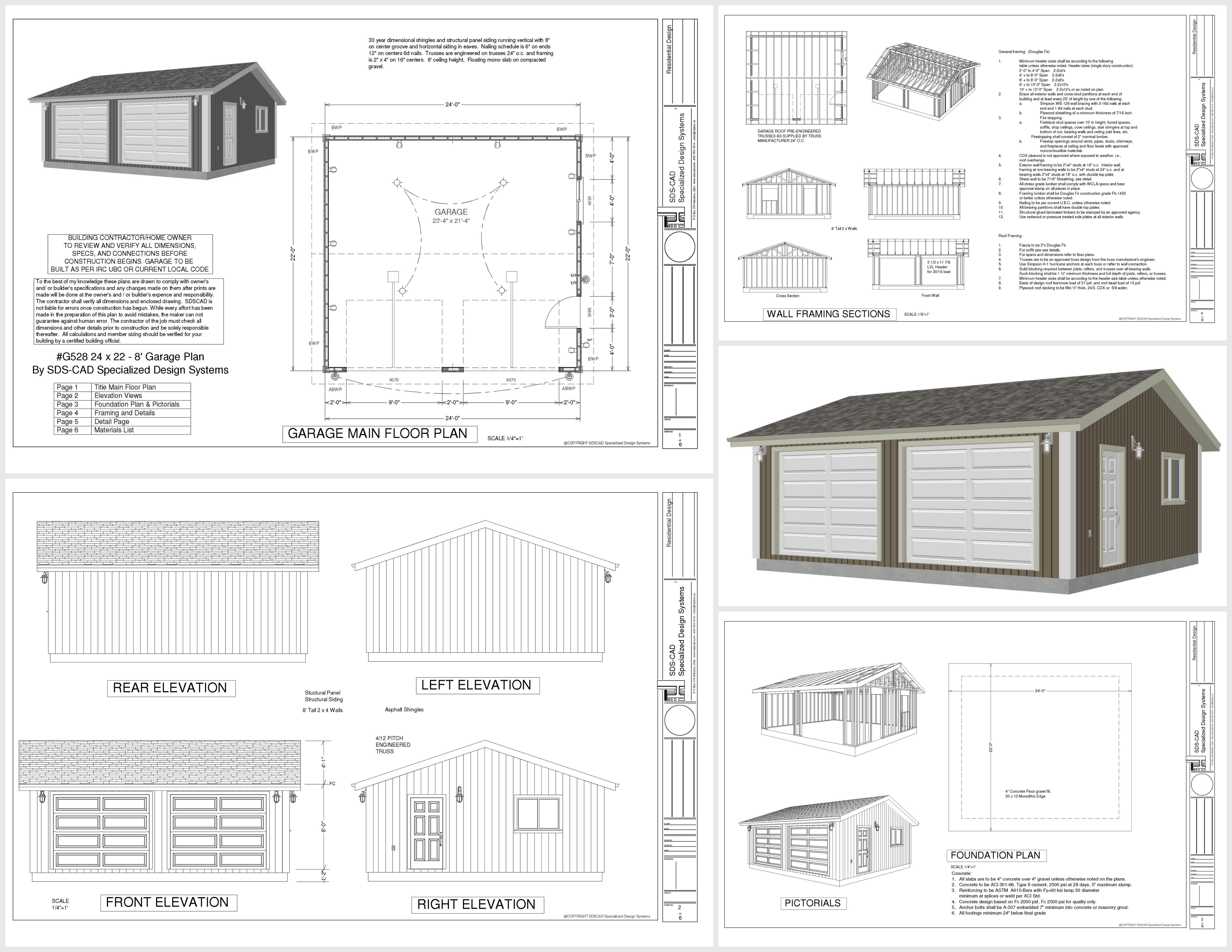 G528 24 x 22 x 8 Garage Plan PDF and DWG