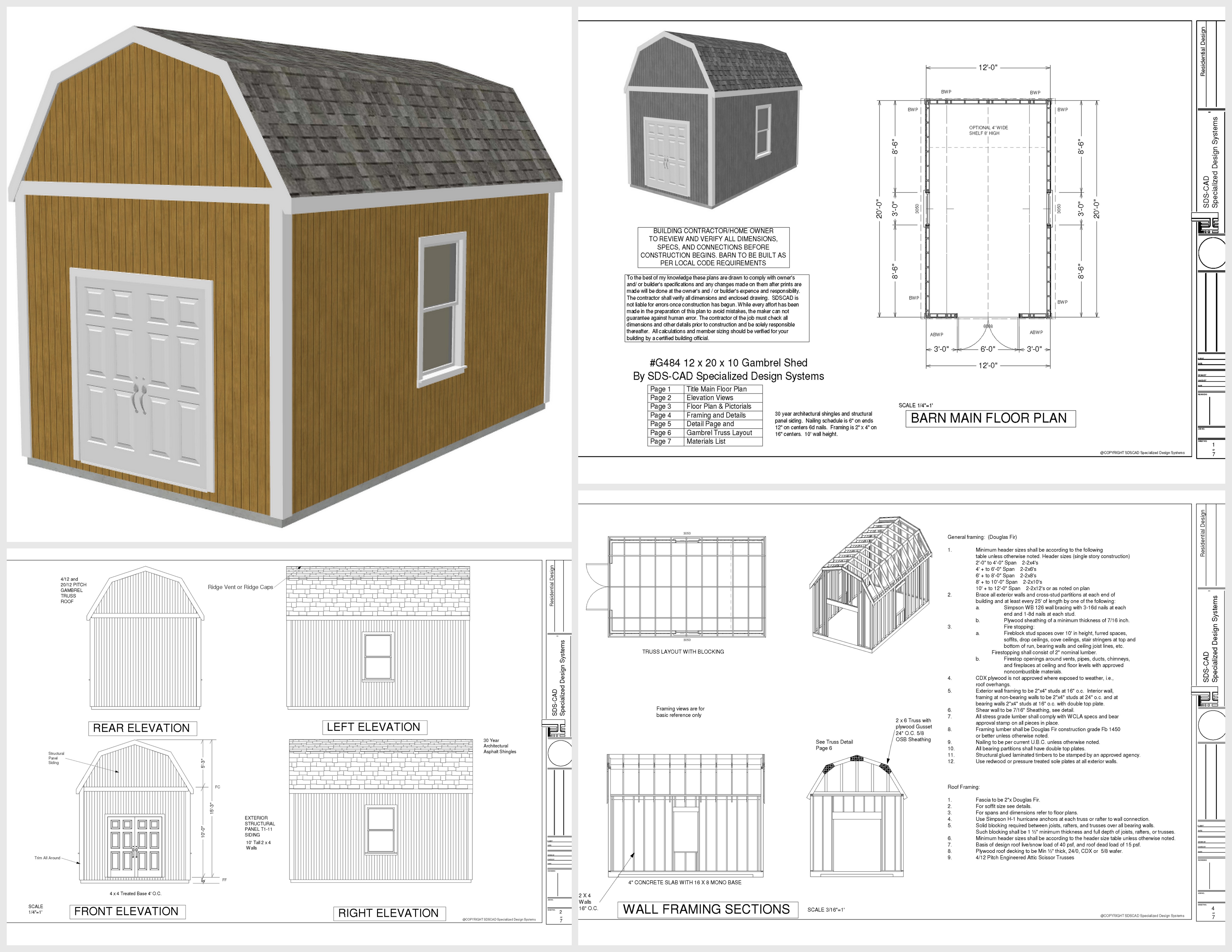 g530 12 x 20 x 10 Slab Gambrel Barn DWG and PDF | SDS Plans
